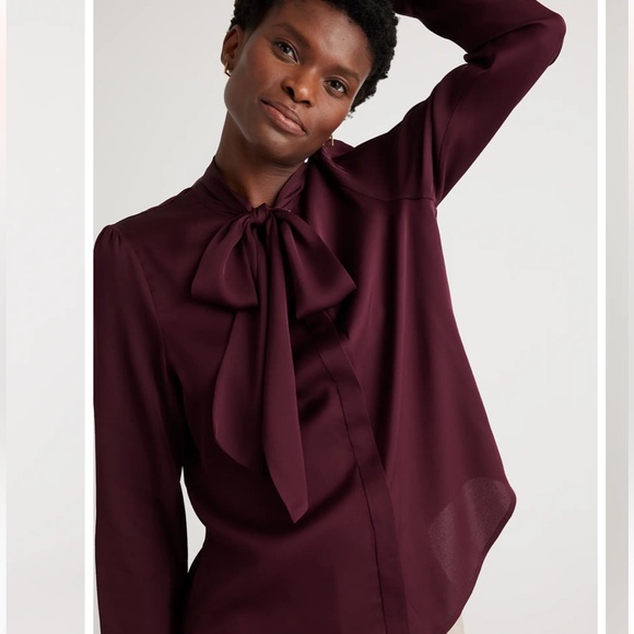 Quince Washable Stretch Silk Tie Neck Blouse in Wine Tasting size S - Picture 3 of 8